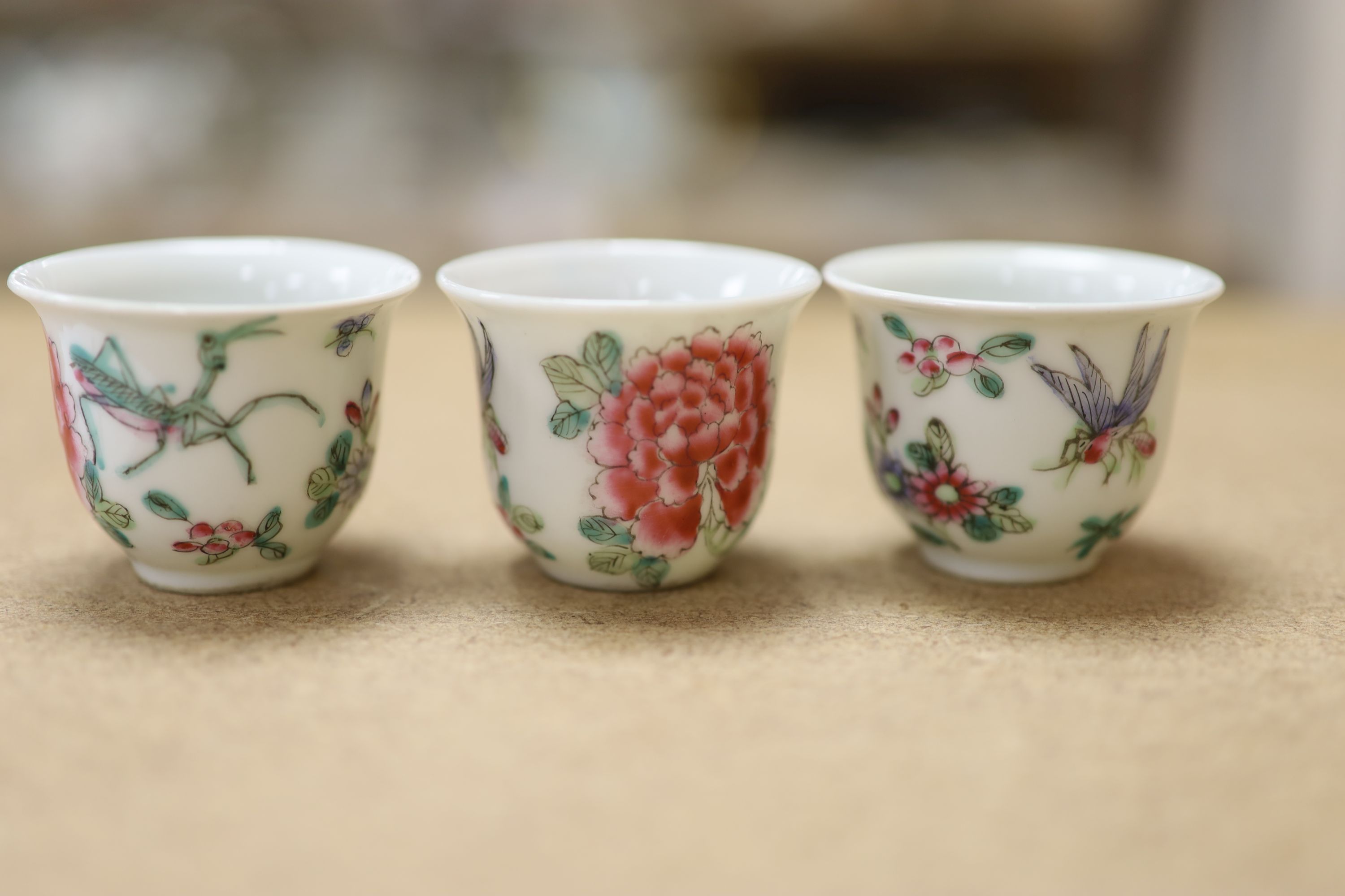 A Chinese Famille Rose miniature tea set with tray, length 18cm